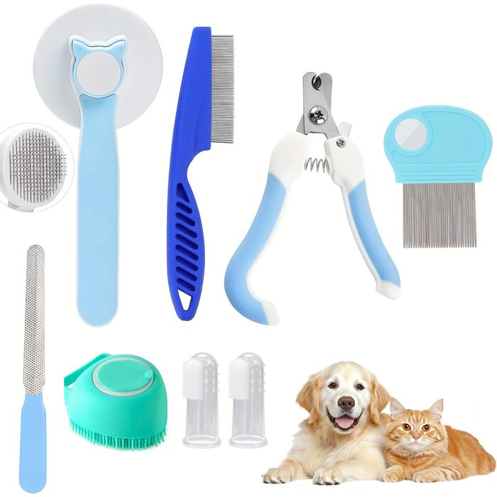 Набір для догляду за собаками та котами (8 шт.): щітка для вичісування, гребінець від випадіння шерсті та бліх, тример для нігтів з пилочкою, інструменти для миття