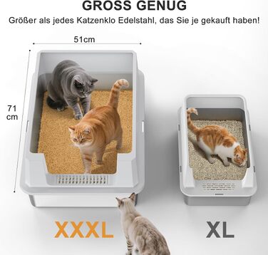 Лоток для котів з нержавіючої сталі MIXJOY XXXL (71x51x30 см), відкритий туалет з високими бортами для великих порід та кількох котів, сріблястий