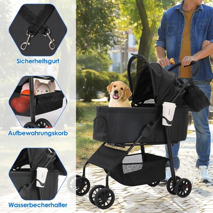 Візок для собак Mamizo 3-в-1, до 30 кг, з сумкою, для малих/середніх собак і котів, чорний, тканина Леїнен