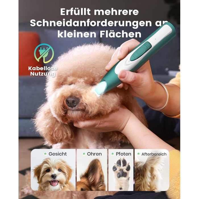 Триммер для собак Oneisall: безшумний, акумуляторний, з LED-підсвічуванням. Ідеально для стрижки подушечок лап, очей, вух та обличчя. Зелений колір
