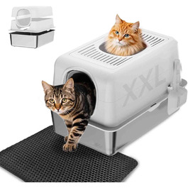 Набір для туалету котів з нержавіючої сталі з кришкою, великий, для великих котів, з совочком та килимком (білий)