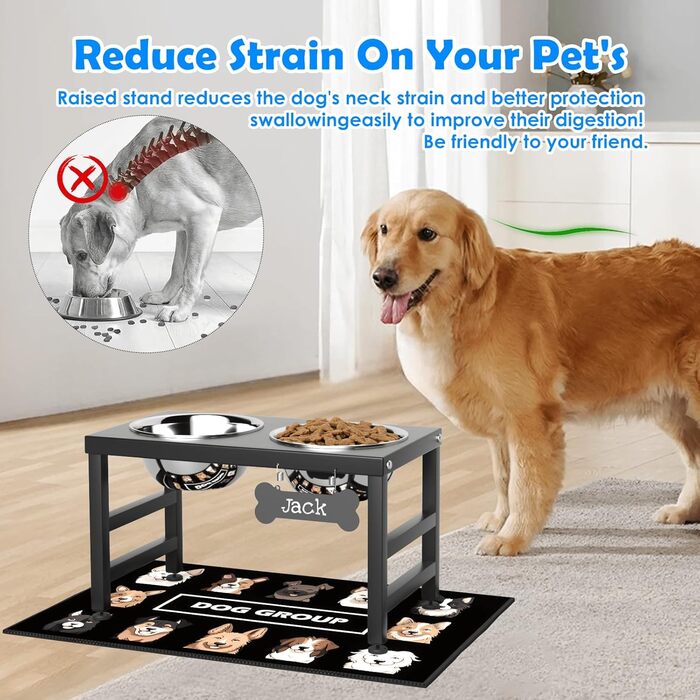 Підвищені годівниці для собак великих та екстра-великих порід, підставка для мисок з нержавіючої сталі (2 шт.) об'ємом 2,863 г та не проливаючим килимком, годівниця висотою 43,2 см для великих порід. Висота: 43 см (Висота мисок: 25 см, Чорний, L)