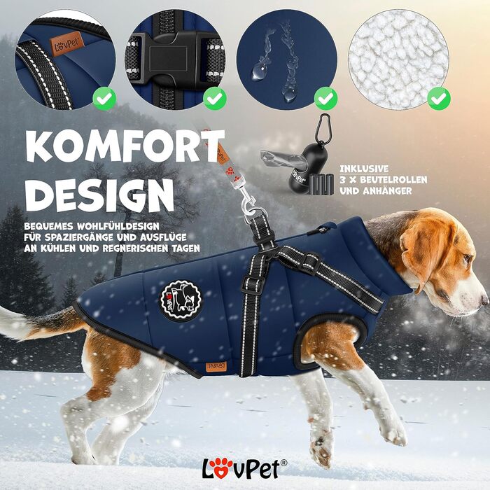 LOVPET® Зимова куртка для собак 4XL, водонепроникна, утеплена, з вбудованим шлейкою, рефлекторами та D-кільцем, темно-синя, у комплекті 45 пакетів для прибирання та диспенсер