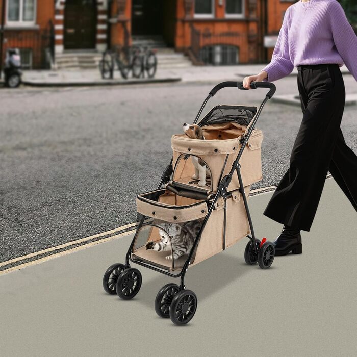 Двошаровий візок для домашніх тварин з сітчастим вікном, гальмом та кишенькою для зберігання. Складаний візок для собак та котів, вантажопідйомність 15-20 кг (Хакі)