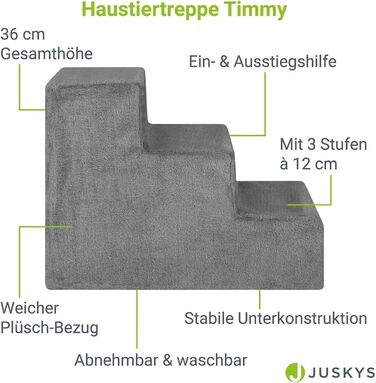 Сходинка для собак та котів Juskys - 3 сходинки, плюшевий знімний чохол, сірого кольору. Підходить для ліжка, дивана, софи та авто