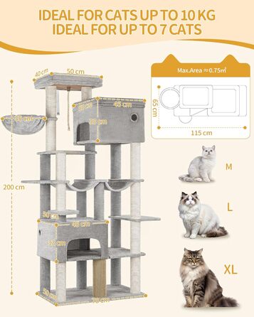 Котячий будиночок Hzuaneri XXL з 10 стовпчиками для дряпання, 2 печерами, 2 гамаками, великою платформою, щітками для котів, кошиком. Підходить для Maine Coon, великих котів, сірий колір MS20018LG