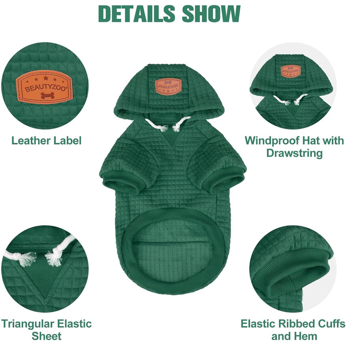 Світшот для маленьких собак BEAUTYZOO з кишенями, одяг для собак, для хлопчиків та дівчаток, вафельна тканина, бавовна з ламінуванням, XL (Спина: 61см, Груди: 86см, Шия: 53см), темно-зелений