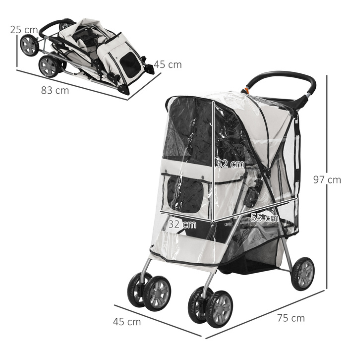 Складна коляска для собак PawHut Dog Buggy до 20 кг з дощовиком Підстаканник Сітка Window Grey 75x45x97см для прогулянок