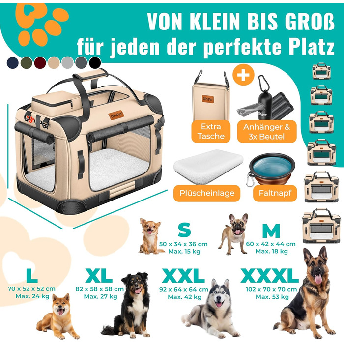 LOVPET® Транспортна переноска для собак та котів, 60x42x44 см | Складана переноска для тварин з мискою та плечовим ремінцем | для котів та собак, Бежевий M