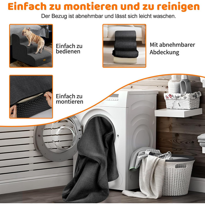 Сходинка для собак Gimars з 3 ступенями, 40 см, з високощільним пінополіуретаном, широка та стійка, знімний та пральний чохол, неслизьке дно, портативна рамка для маленьких собак до дивану, ліжка, авто, чорна