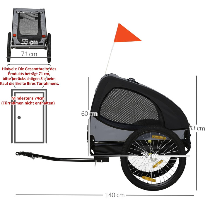 PawHut Причіп для собак, велосипедний причіп для собак, швидкознімні кріплення, водонепроникний, оксфордська тканина, сталь, 140 x 71 x 83 см, чорний