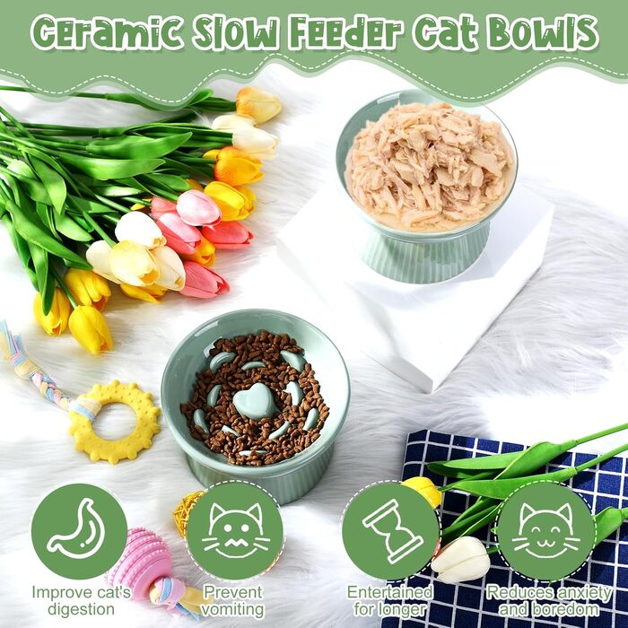 Підвищена годівниця для котів Tioncy, кераміка, 2 шт., чорний/білий, зелений, без розливання, високий борт