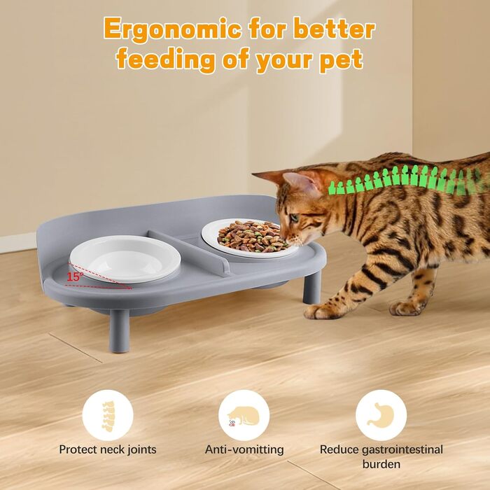 Набір мисок для котів та маленьких собак Bartuke Katzennapf Erhöht: годівниця, миска для їжі та вода (сірий)