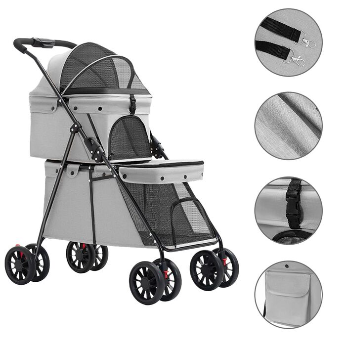 Дитяча коляска для тварин Homewell: 2 поверхи, складна, з корзиною, тримачем для напоїв та шлейкою, вантажопідйомність 25 кг (Чорний)