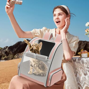Складаний рюкзак для котів та собак, рюкзак-переноска з сіткою, м'яка підстилка, до 6,8 кг, дихаючий, для подорожей, прогулянок (рожевий)