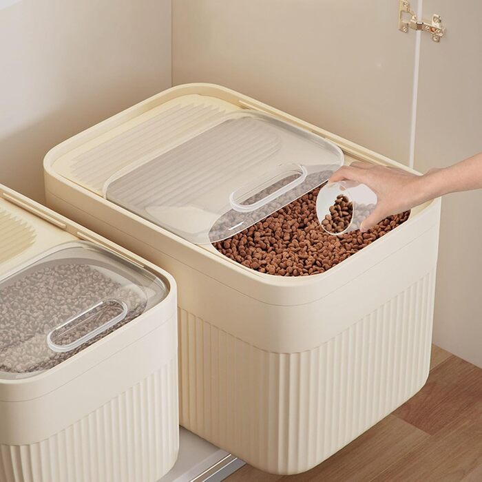 Пластиковий контейнер для корму для собак, 13,6 кг, контейнер для ласощів з лопаткою, великий об'єм, герметичний, складаний, для котячого корму, корм для тварин, зберігає свіжість, бежевий: 36 x 25 см