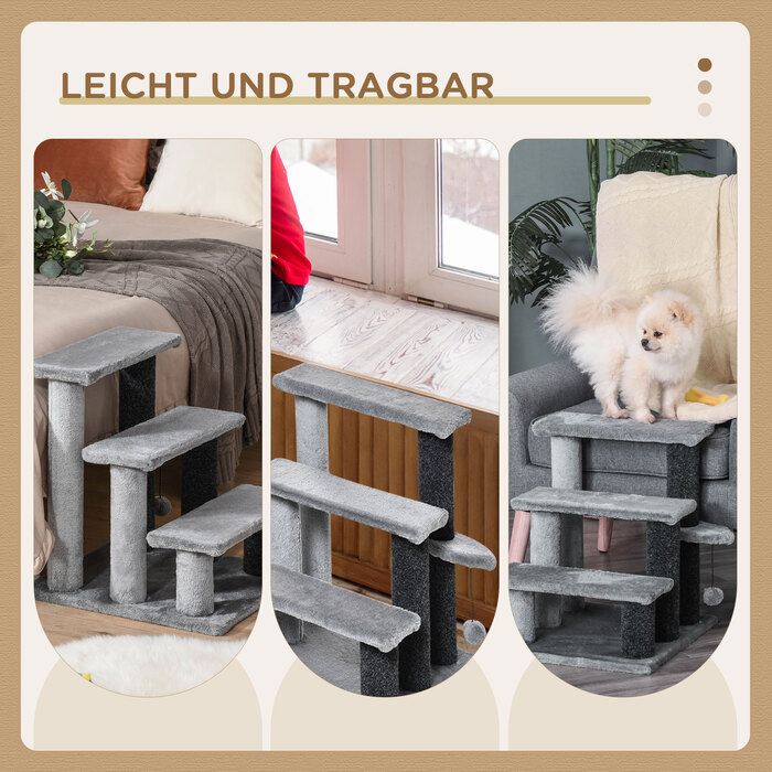 PawHut Cat Stairs Pet Stairs Сходи для собак 3 сходинки з іграшковим м'ячем Плюш сірий 45x40x48см для котів та собак