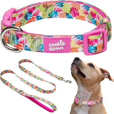 Нашийник і повідець для собак Cookie Paws, нейлоновий, м'який неопрен, з підкладкою, стильний, міцний, тропічний дизайн, розмір L