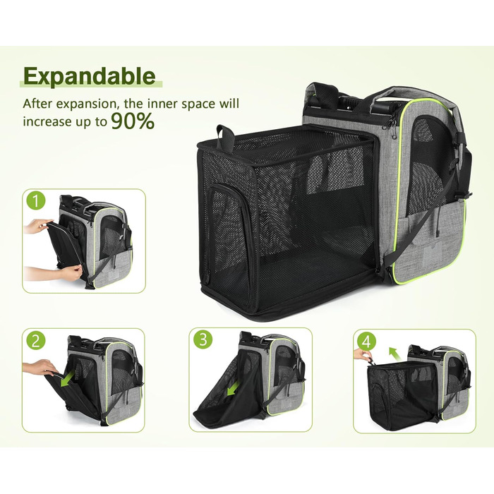 ПЕКЮТ Рюкзак для тварин з сіткою, розширюваний, для котів та собак, з віконцем-шторкою, дихаючий, водонепроникний, для подорожей, сірий L