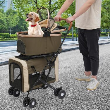3 в 1 візок для собак до 35 кг – розбірний двоярусний візок, легкий та складаний, дихаючий, з колесами на 360°, ідеальний для 2 собак або котів (темно-зелений)