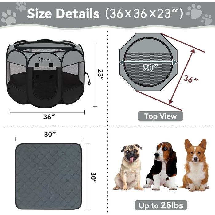 Сірий вольєр для цуценят та котів середніх порід, собаче намет, клітка для дому та вулиці, портативна Pop-Up собача будка з сумкою для перенесення, знімний верх (темно-сірий)