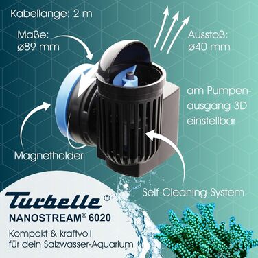 Пропелерна помпа для акваріума TUNZE Turbelle nanostream 6020, 2500 л/год, з магнітним тримачем і безшумним кріпленням для скла до 12 мм