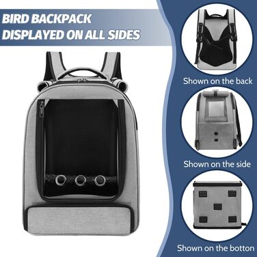 Рюкзак-переноска для птахів Vogel-Rucksack з лотком, жердочкою та годівницею, водонепроникний килимок, сірий, для папуг та середніх птахів