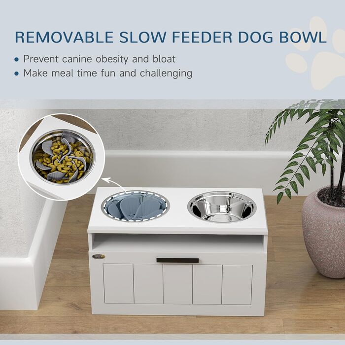 Станція для годування собак PawHut з піднятою мискою, повільною годівницею та 2 мисками з нержавіючої сталі, ящик для зберігання 25л, для великих та екстра-великих собак, білий колір