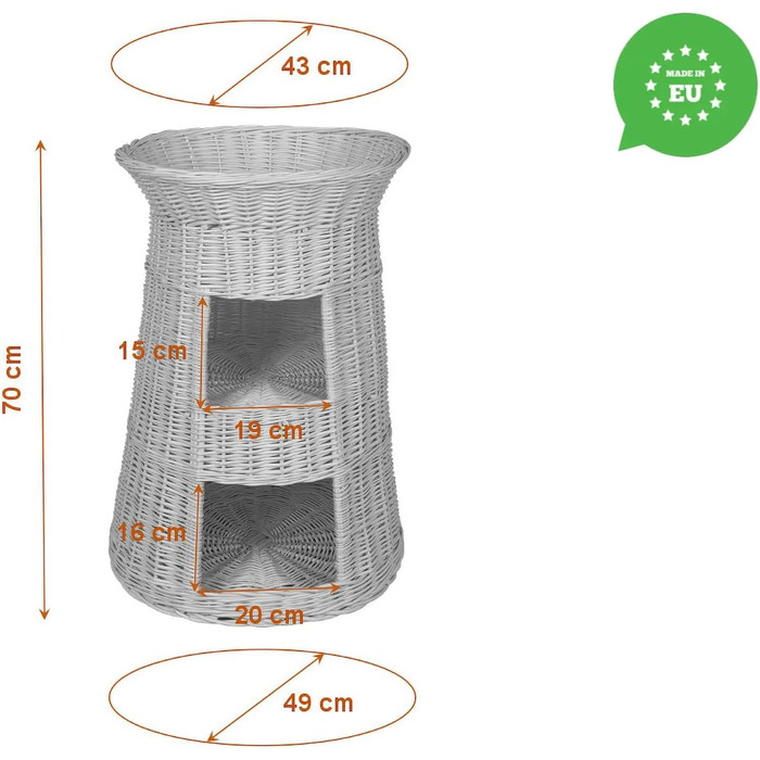 Корзина для котів для сну - котяча хатинка для дому - розмір 43 x 49 x 70 см, кругла - котяча печера з лози, трирівневе ліжко для собак або котів з пральним подушками в кольорі слонова кістка - лакована корзина з бежевими подушками