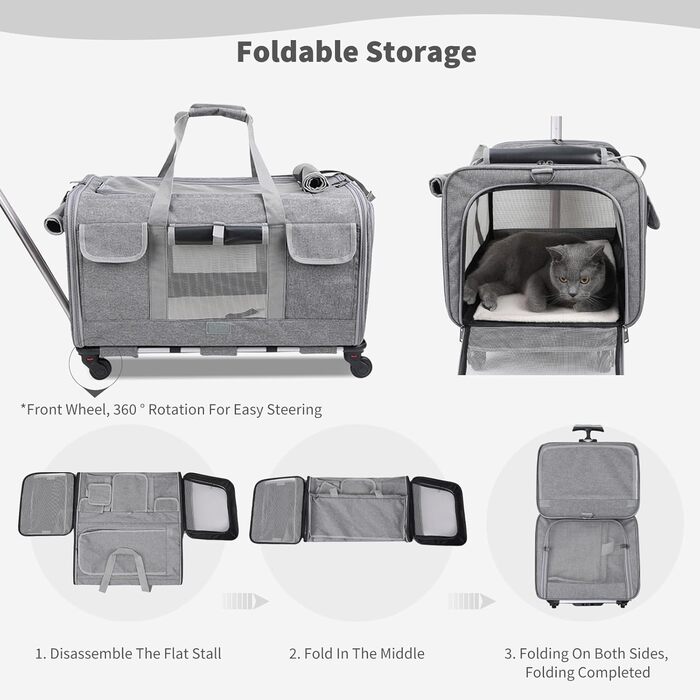 Транспортна сумка для котів PETCUTE з колесами, дихаюча переноска для 2 котів, складана переноска для собак з телескопічною ручкою, знімний килимок, ідеальна для подорожей, темно-сіра