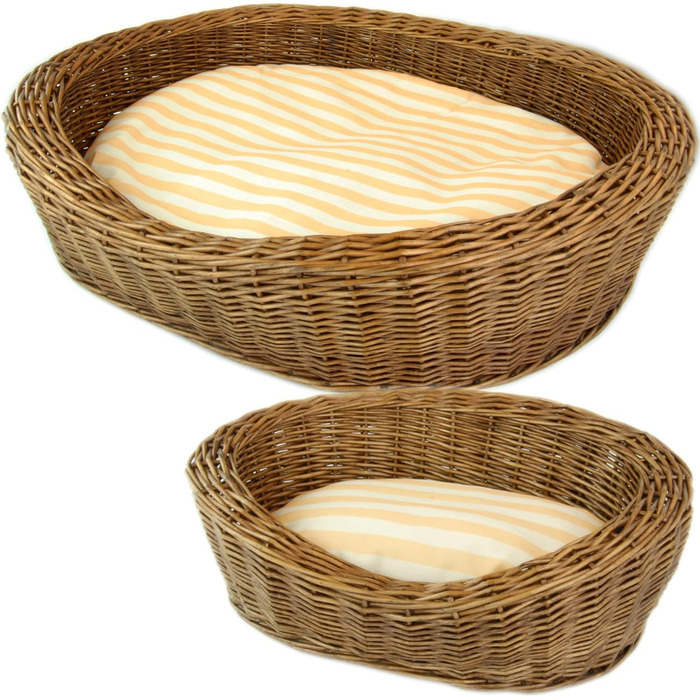 Ліжко для собак та котів, плетене з лози, кругле, з стьобаним подушкою в смужку, розмір M, коричневе