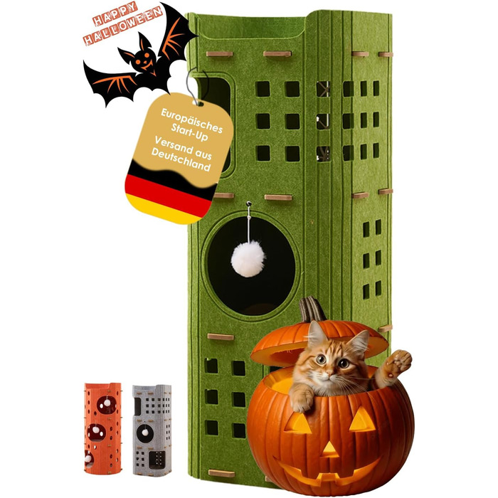 Сучасний котячий комплекс з 4 ярусами та 3 будиночками для котів, фетр, стійка альтернатива котячого будиночка з іграшкою, тихий та компактний (90 см), зелений (35 x 35 x 90 см)