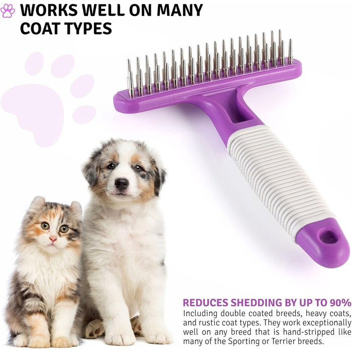 Гребінець для догляду за пуделем | Інструмент для видалення шерсті з невеликими сталевими зубцями | 2 ряди голок для видалення ворсу | фіолетовий грифель
