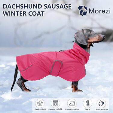 Водонепроникна зимова куртка для собак MOREZI з флісовою підкладкою, з регульованим поясом та світловідбиваючими елементами, для такс та схожих порід - Рожева S (довжина спини: 34-37 см)