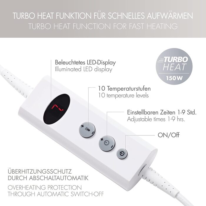 Електрична гріюча ковдра Promed з автовимкненням, 180x130 см, 10 температурних режимів, для шиї, плечей та спини (сіра/біла)