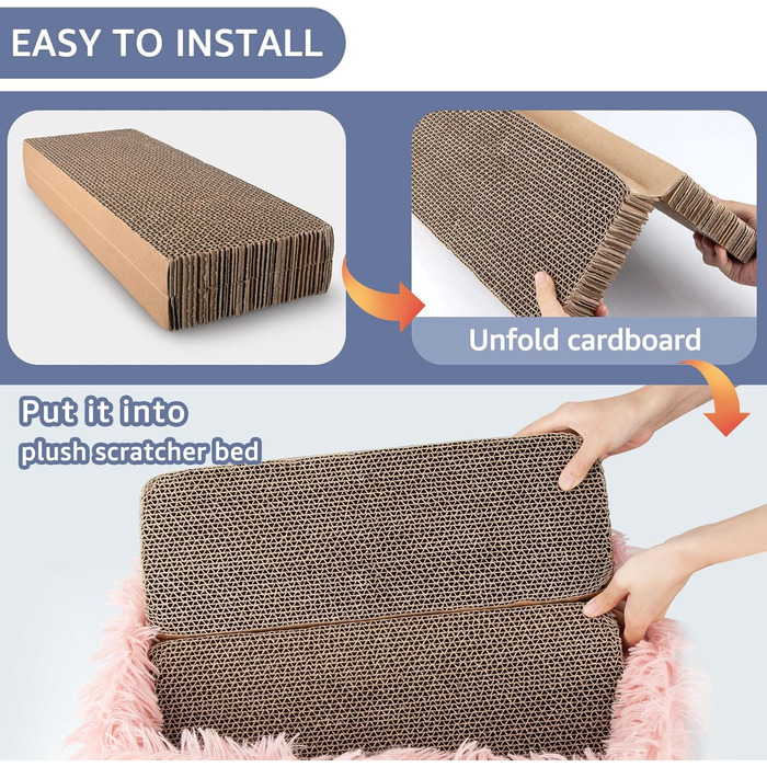 Котячий когтеточка з картону з коробкою, міцна велика ліжко для котів, м'яка когтеточка з гофрокартону, знімна, двостороння, захист меблів (44×34×14см), рожевий колір