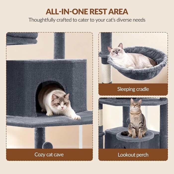 Драбина-кіготь для котів Kratzbaum Groß 216 см, XXL, стабільна з краш-стовпцями, 2 затишні будиночки, 2 платформи, 2 кошики, гамак, для дому, FPMS007FG1 (50x40x175 см, темно-сірий)