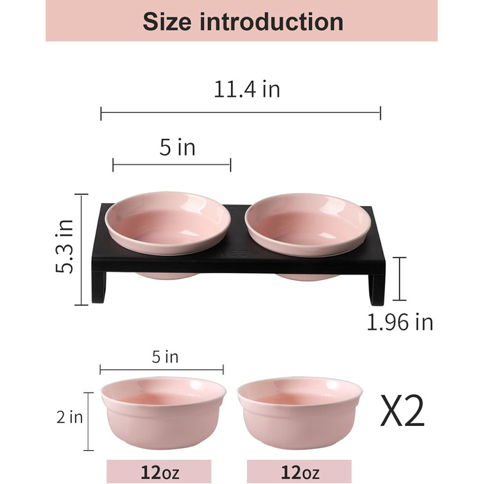 Керамічні миски для котів та собак, рожеві, 12,7 см, 2 миски + металевий підставник, для сухого та вологого корму
