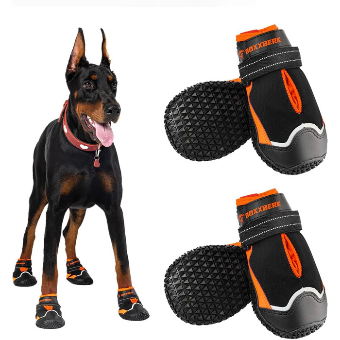 Водонепроникні чоботи для собак великих порід, захист лап від холоду, снігу та ковзання, з світловідбиваючими смугами, для прогулянок на вулиці, чорний/оранжевий, розмір 4 (5.46x5.94 см)