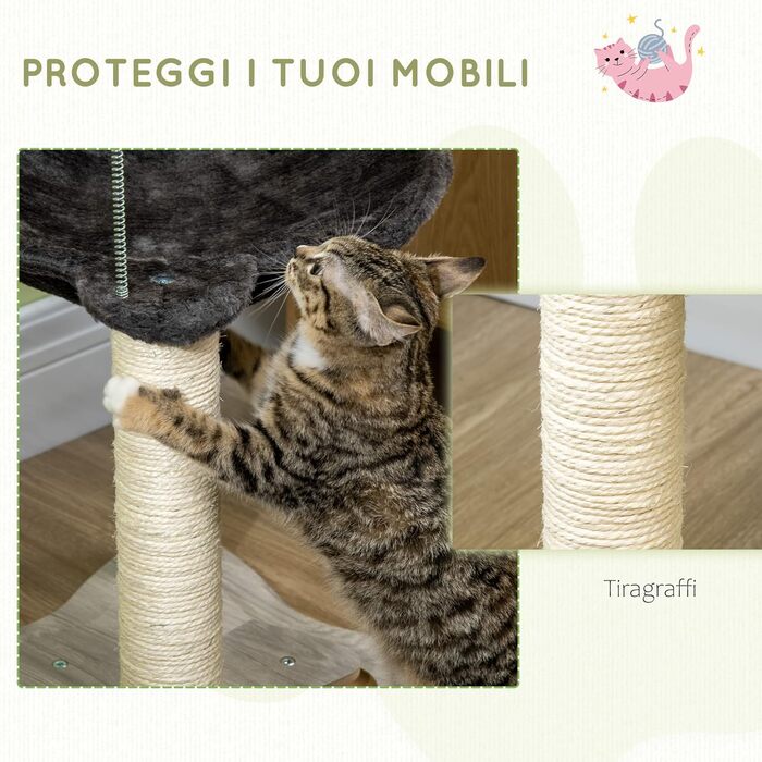 Дряпка для котів PawHut до 5 кг з гамаком, іграшковими м'ячиками та сизалевими стовпчиками, сірий котячий будиночок із МДФ і плюшу, 53,5x53,5x66 см