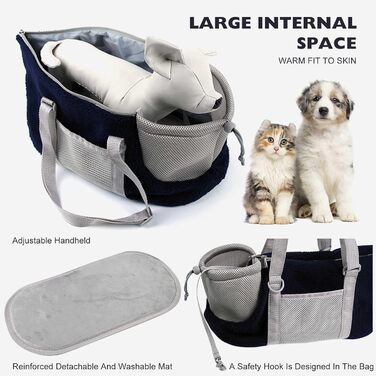 PETCUTE Сумка-переноска для собак та котів, дихаюча, знімний дно, регульована ручка, безпечний поводок, темно-синій