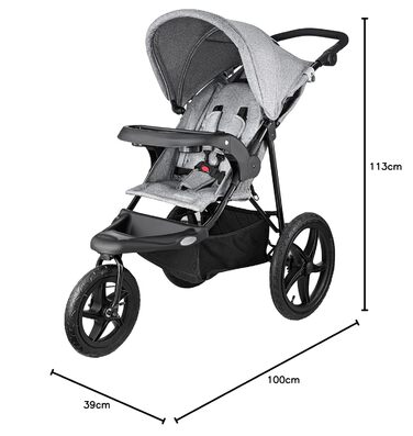 Дитяча коляска-трансформер Moby-System Runner Mountain з дощиковим захистом, до 15 кг, комплект аксесуарів: ремінь безпеки, відбивачі, оглядове вікно та кошик для речей (сіра)