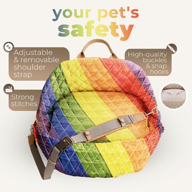Автокрісло для собак - 3 в 1: сумка для подорожей, бустер та ліжко для автомобіля. Зручне, миється, з неслизькими ременями безпеки. Підходить для передніх та задніх сидінь. Для маленьких собак (радужний колір)