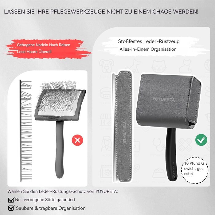 Набір щіток та гребінців Slicker для великих собак з довгою шерстю – щітка для розплутування з пінами 22 мм для Голден Ретріверів, Пуделів, Дудлів та котів – професійний догляд за шерстю з дерев'яною ручкою та шкіряним еталожем (Чорний)