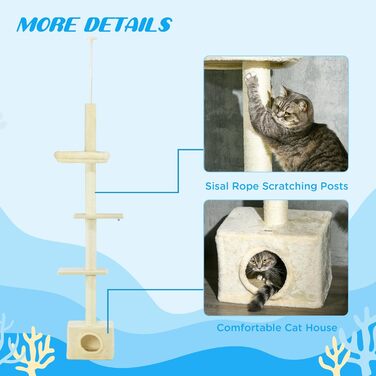 PawHut Когтеточка для котів, висота 230-260 см, ігровий комплекс з 4 рівнями та будиночком з плюшу, бежевий