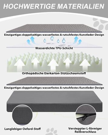 Ортопедичне ліжко для собак 58x43 см, знімний чохол з екошкіри, подушка для собак, матрац для собак, комфортне та прохолодне для внутрішнього та зовнішнього використання, сірого кольору (L58xB43xH7 см)