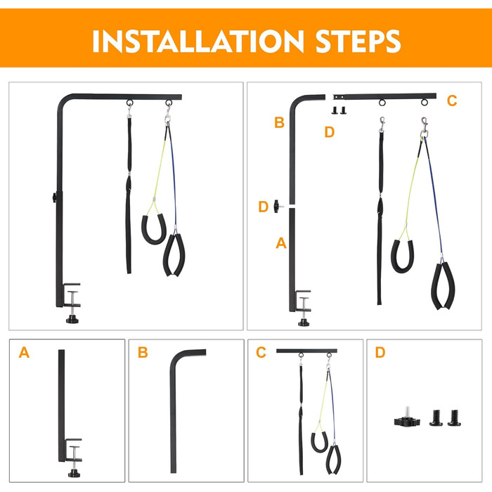 Підтримка для грумінгу собак, регульована, для маленьких та середніх порід, з кліпсою, петля для грумінгу, без підтримки спини та стегна (чорний, 111,8 см, арка + міцна кліпса + гамак)