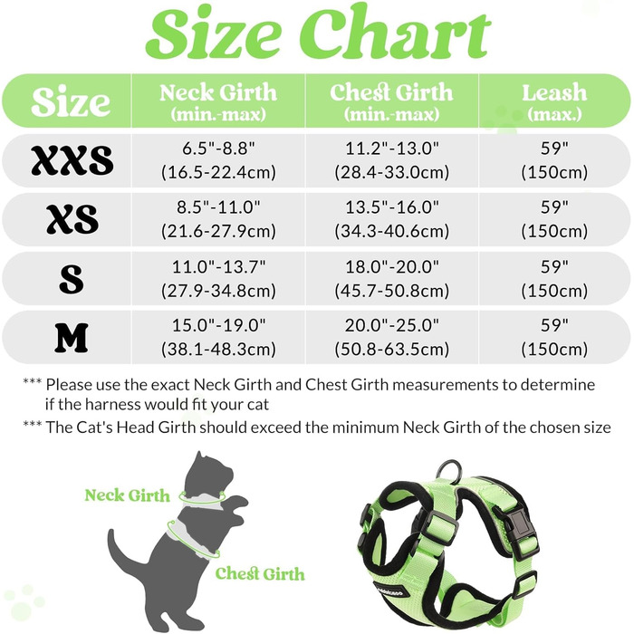 Шлейка для кота Rabbitgoo з повідком, м'яка, безпечна, регульована, зелена, розмір M (1 шт.)