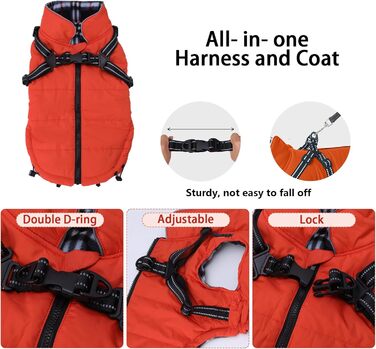 Теплий зимовий одяг для собак з кріпленням для повідка - водонепроникна куртка для собак з блискавкою, оранжевого кольору, XXL (довжина спини: 52 см)