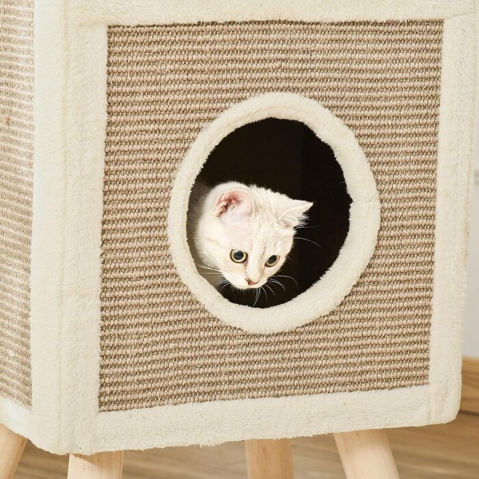 Котячий комплекс PawHut: багаторівневий будиночок-лежанка з когтеточкою, іграшками, килимком, плита, плюш, сизаль, кава, 40x34x91 см